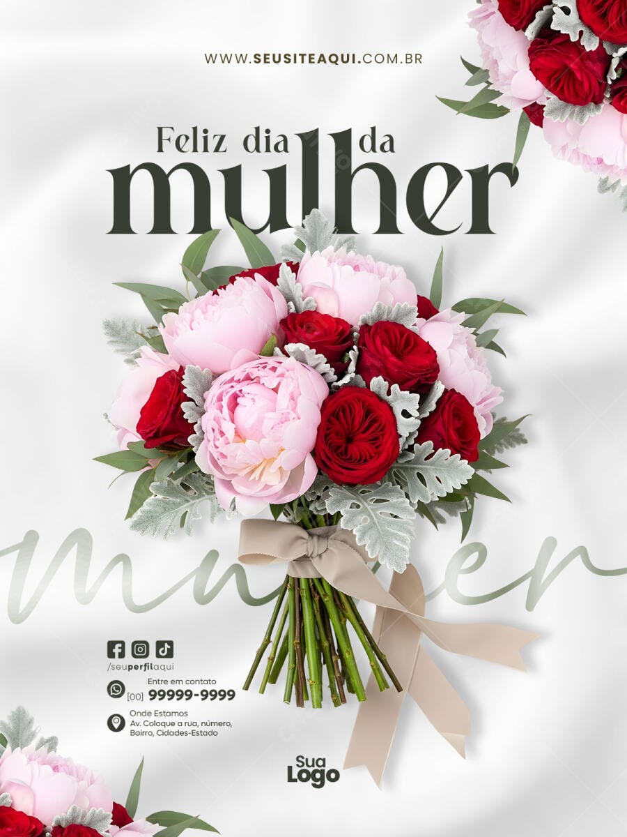 Flyer Dia Internacional da Mulher 8 de Março Floricultura PSD Editável