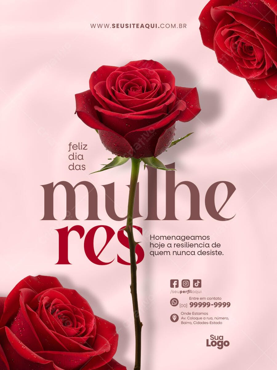 Post Instagram Dia da Mulher Rosas Vermelhas PSD Editável
