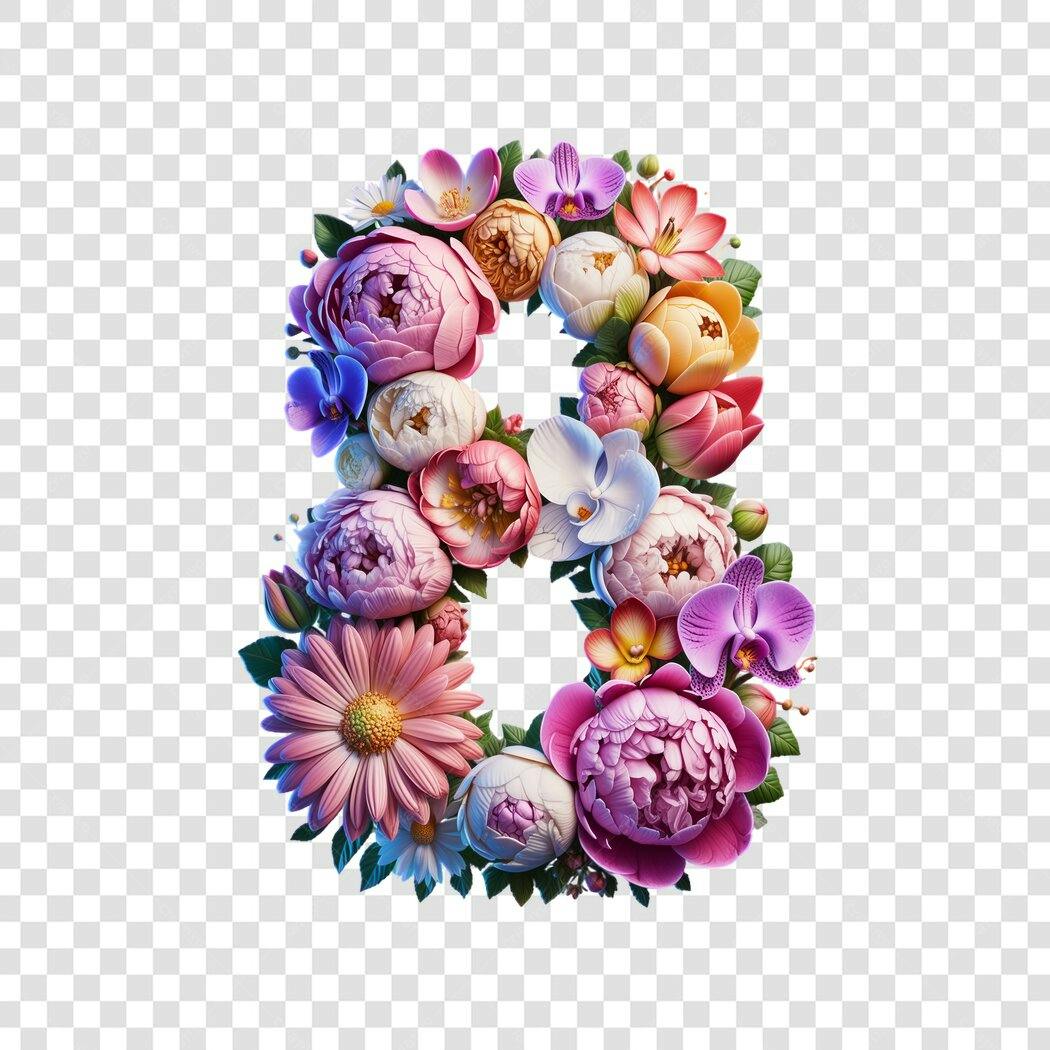 Elemento Decorativo Número 8 Floral Dia da Mulher Março PNG Fundo Transparente