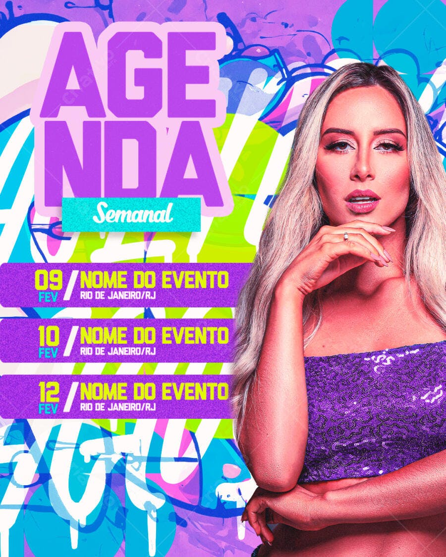 Post Instagram Agenda Semanal Eventos Fevereiro PSD Editável