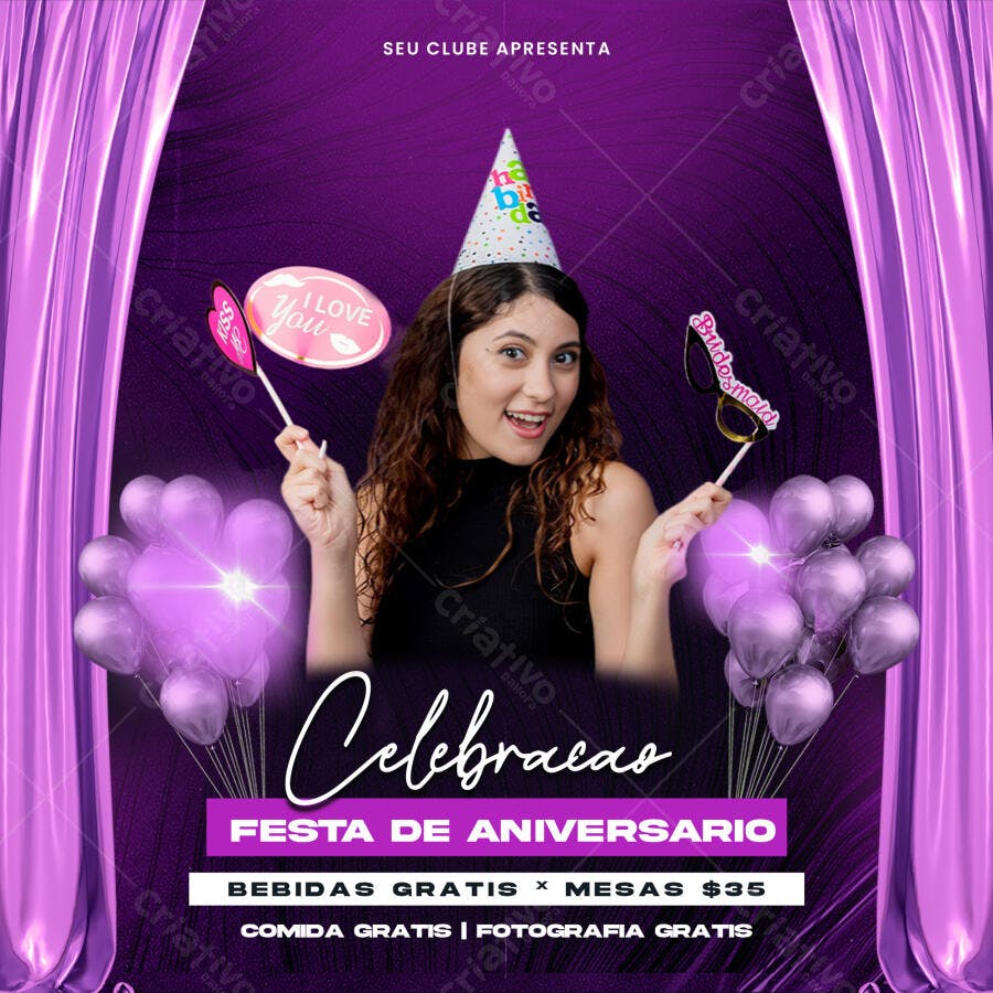 Post Instagram Festa Aniversário Balões Roxos PSD Editável