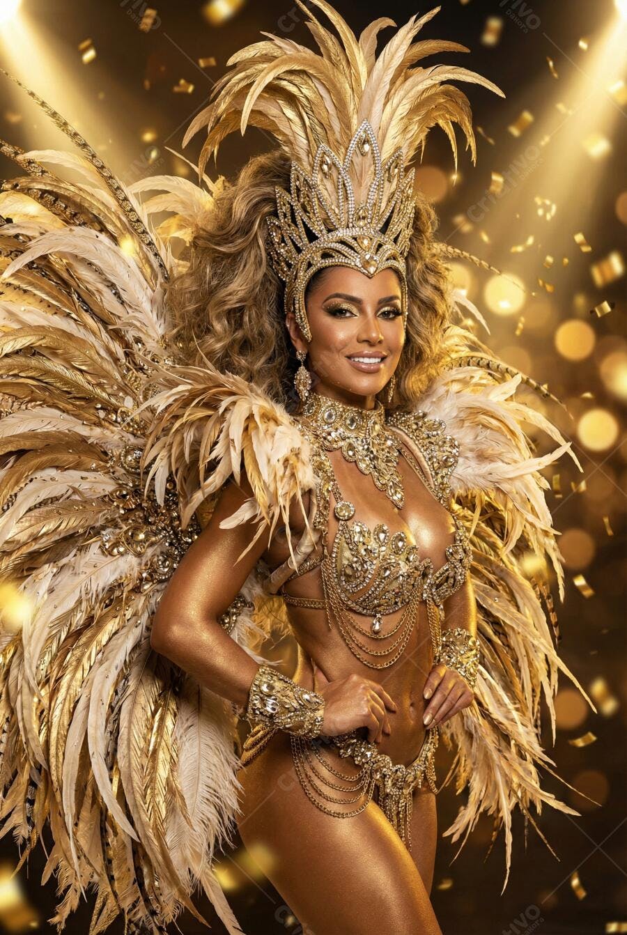 Foto Mulher Fantasia Carnaval Dourada Sorrindo Fundo Bokeh