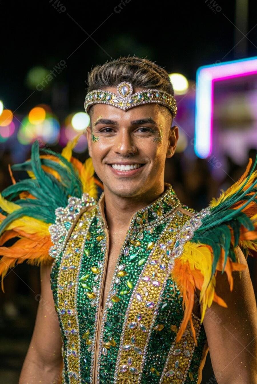 Foto Homem Sorrindo Fantasia de Carnaval Brilho e Penas