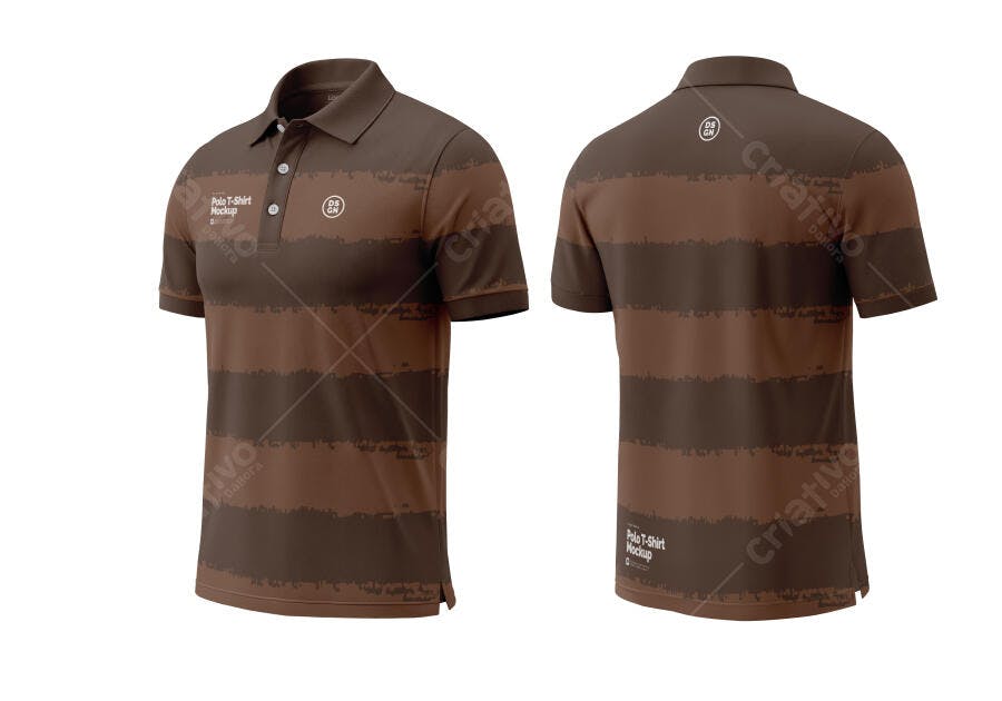 Mockup Camiseta Polo Listrada Marrom Frente e Verso Editável