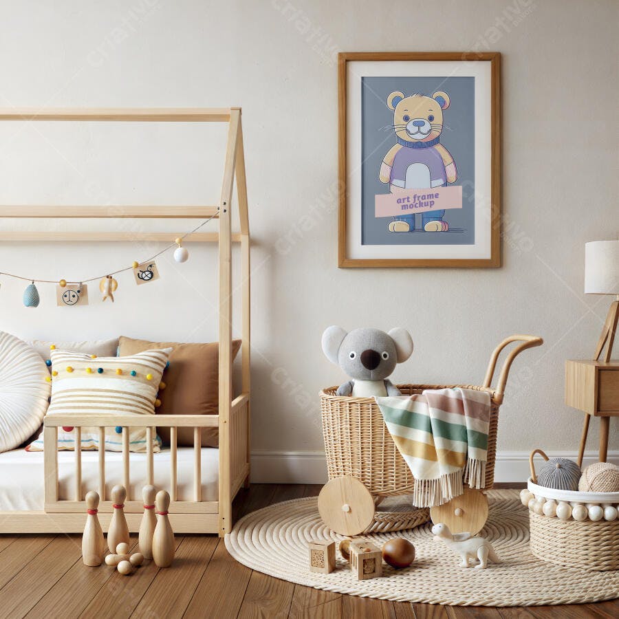 Mockup Quadro Infantil Urso Quarto Bebê Moldura Madeira Editável