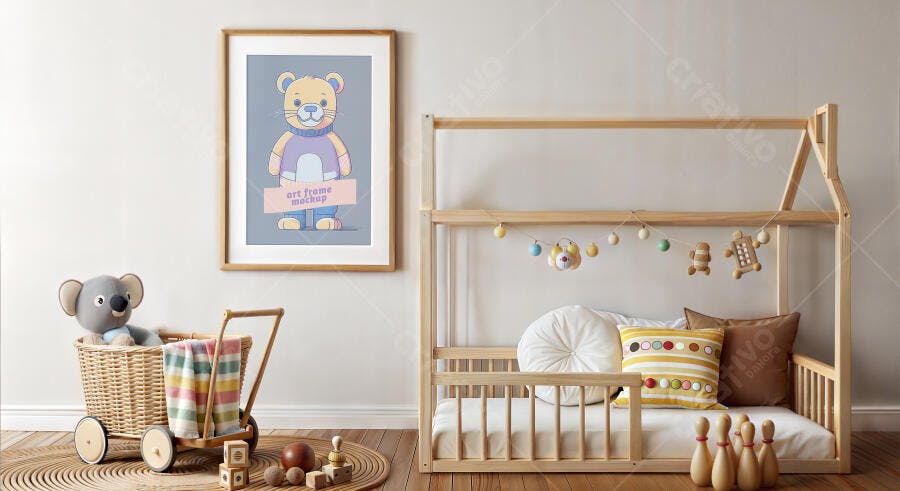 Mockup Quadro Infantil Urso Quarto Bebê Moldura Madeira Editável