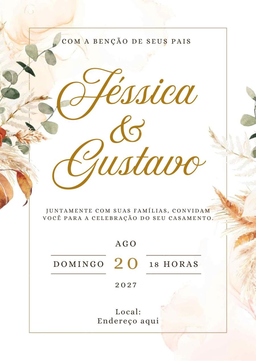 Convite Casamento Boho Botânico Dourado Editável