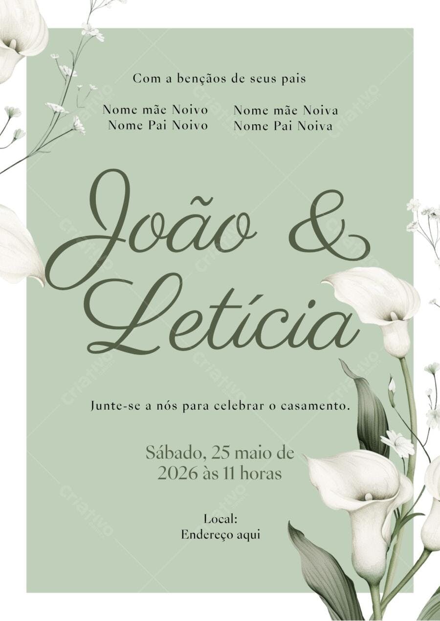 Convite Casamento Minimalista Floral Copo de Leite Editável