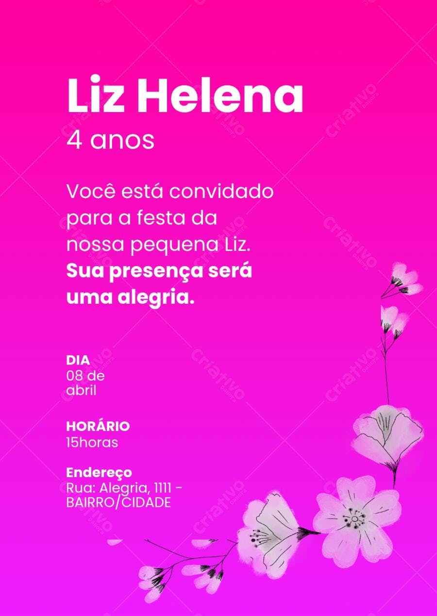 Convite Aniversário Infantil Flores Rosa Pink 4 Anos Editável