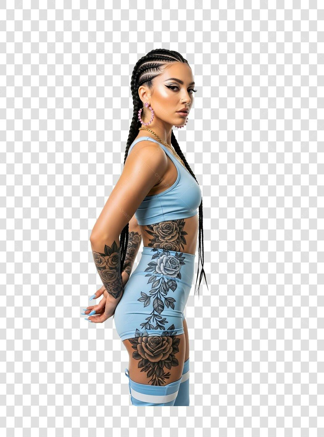 Foto Recortada Mulher Tatuada Tranças Roupa Azul PNG Fundo Transparente