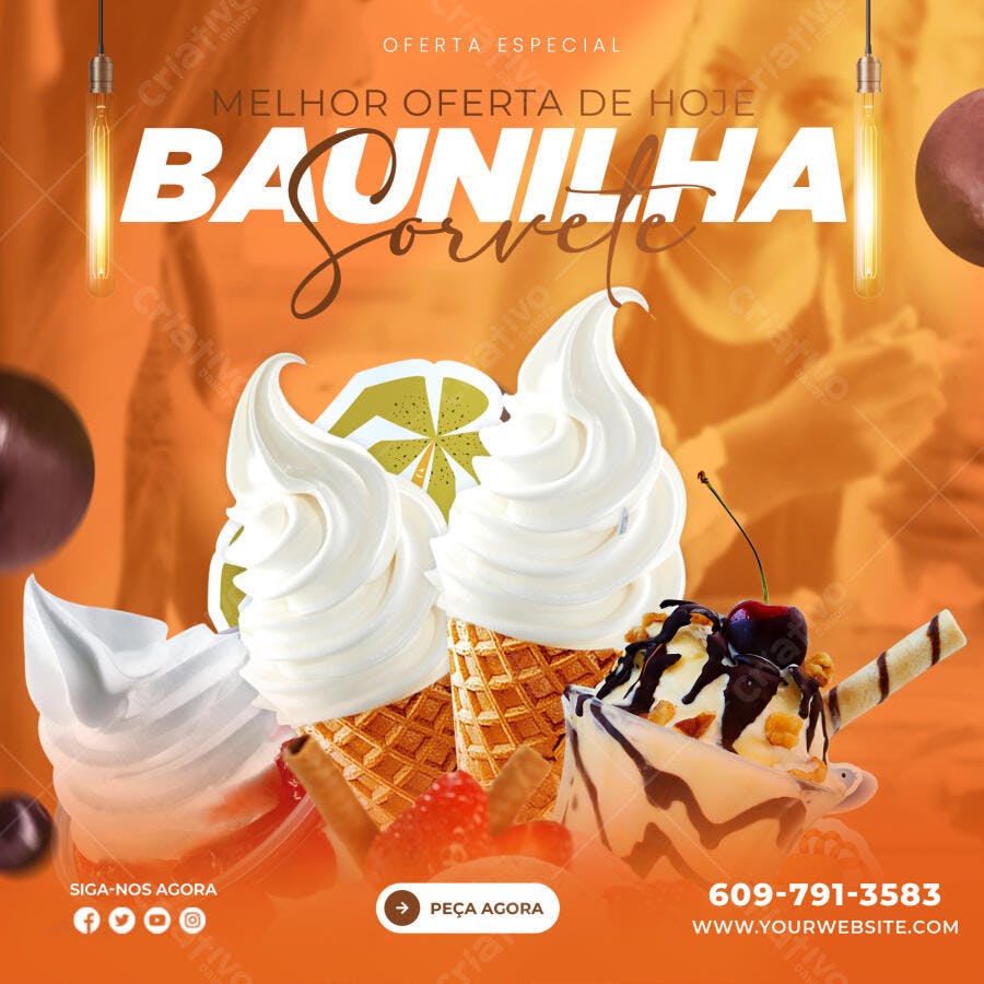 Post Instagram Sorveteria Baunilha Oferta PSD Editável