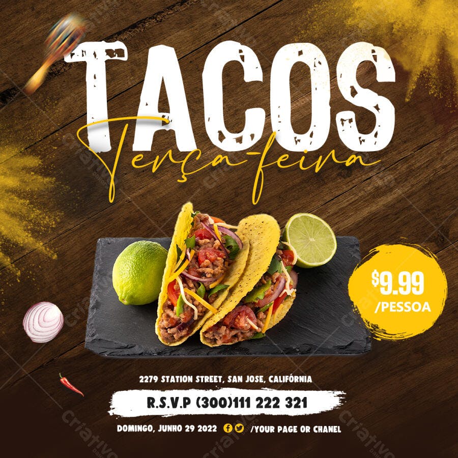Post Instagram Tacos Terça-Feira Restaurante PSD Editável