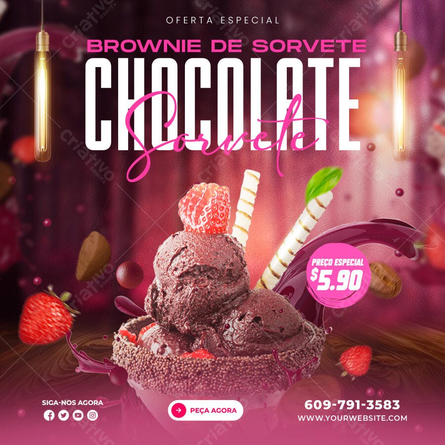 Post Instagram Brownie Sorvete Chocolate PSD Editável
