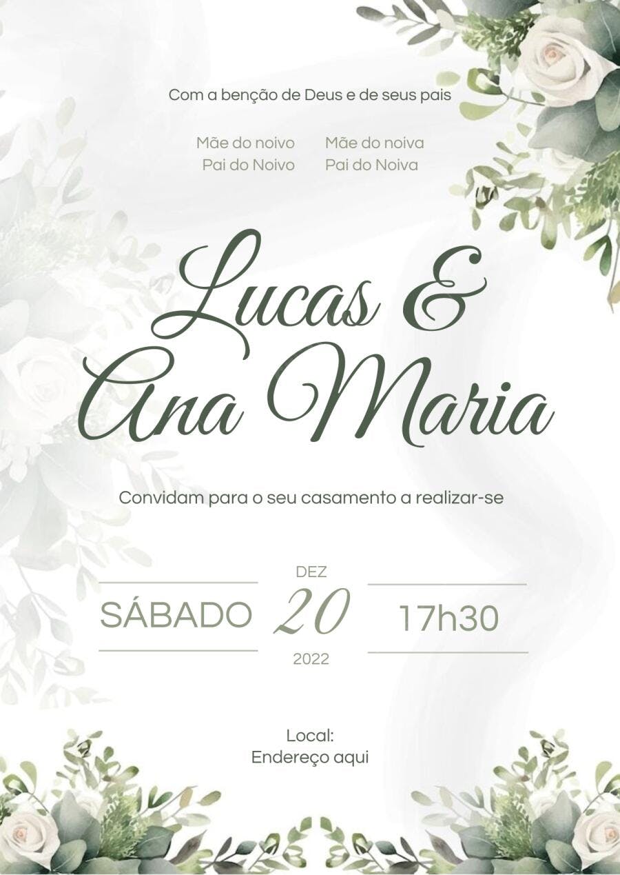 Convite Casamento Floral Clássico Branco Editável