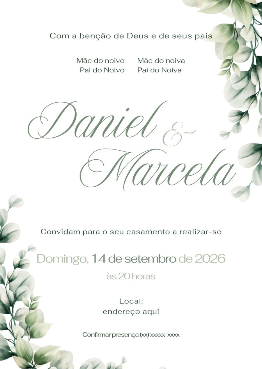 Convite Casamento Botânico Eucalipto Minimalista Editável