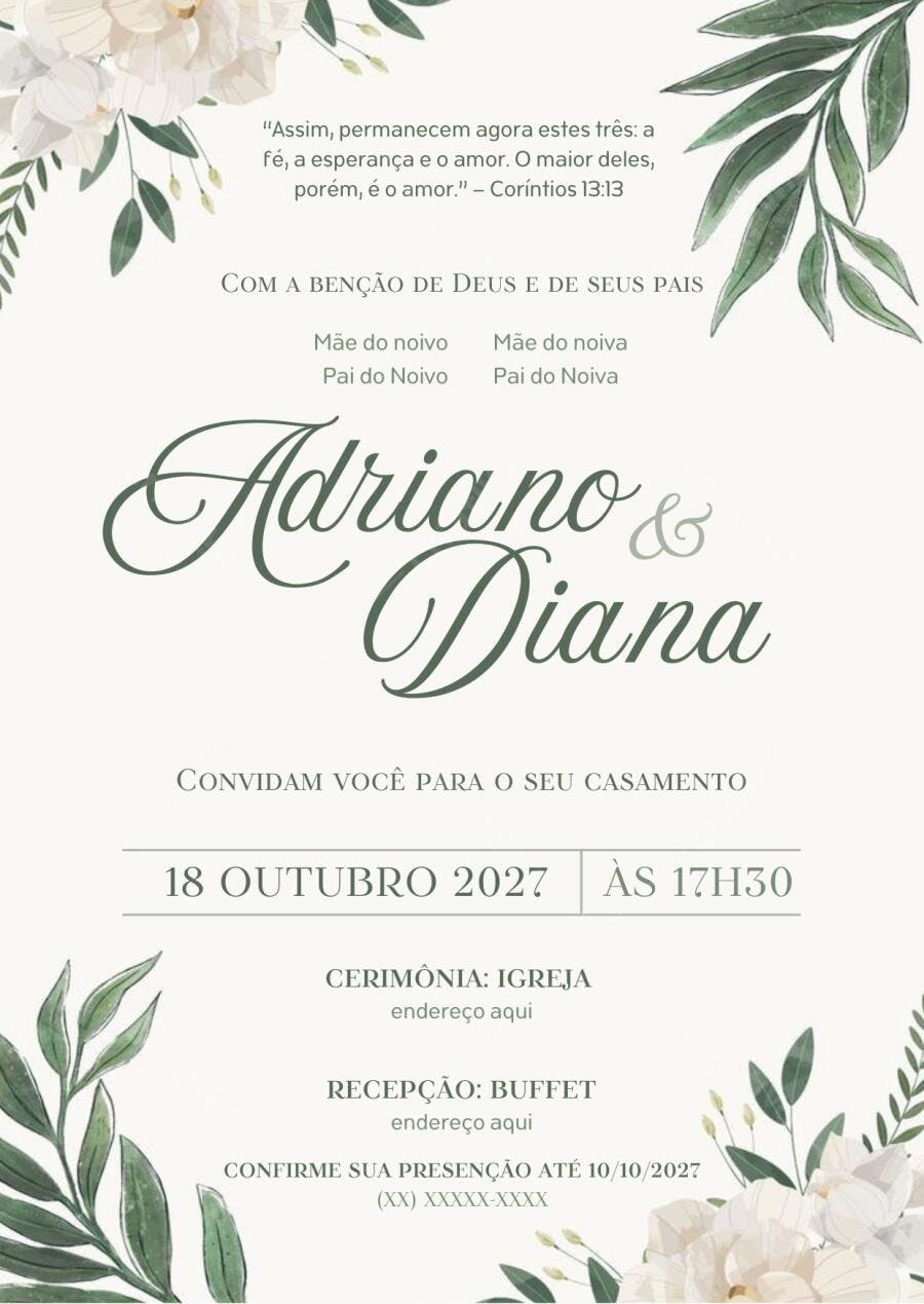 Convite Casamento Floral Botânico Clássico Editável