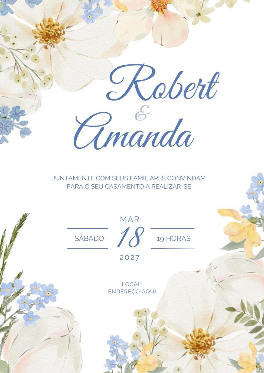 Convite Casamento Floral Azul Branco Romântico Editável