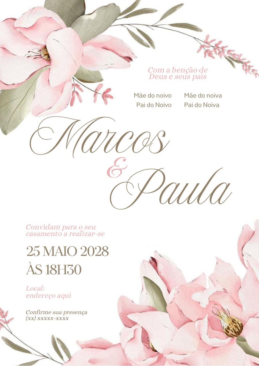Convite Casamento Floral Rosa Aquarela Editável
