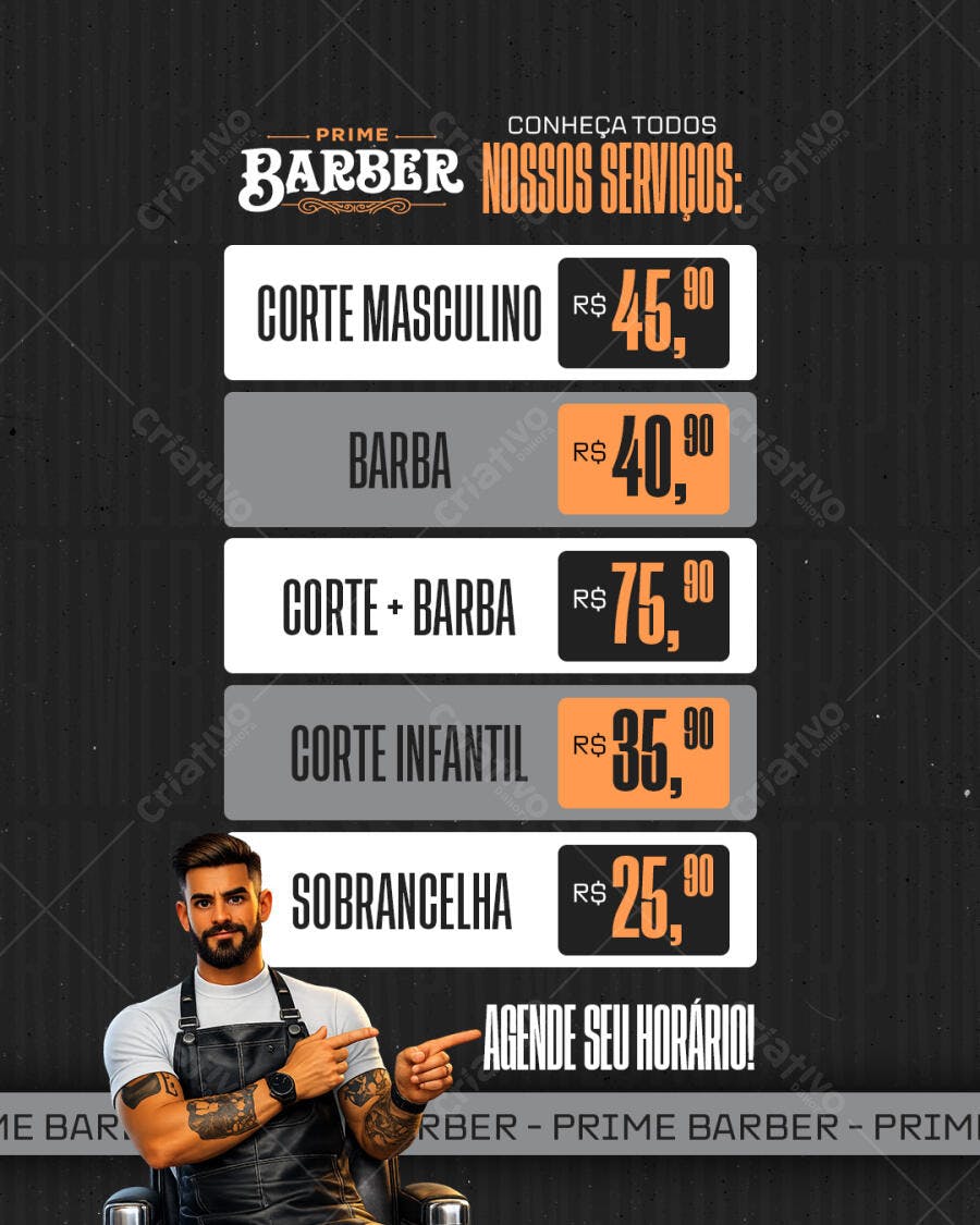 Cardápio Serviços Barbearia Prime Barber PSD Editável