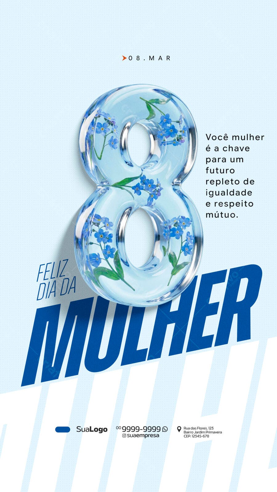 Post Dia da Mulher 8 de Março Flores Azuis PSD Editável