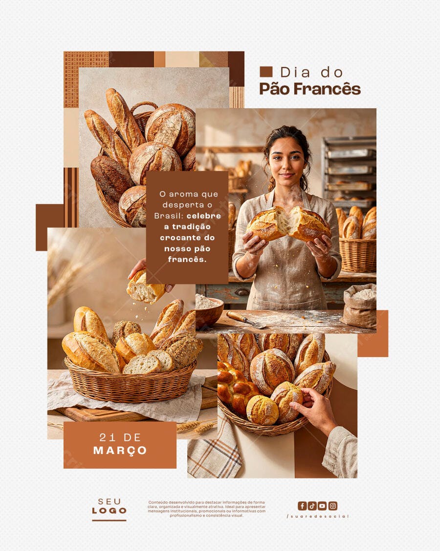 Post Dia do Pão Francês Padaria PSD Editável 21 de Março