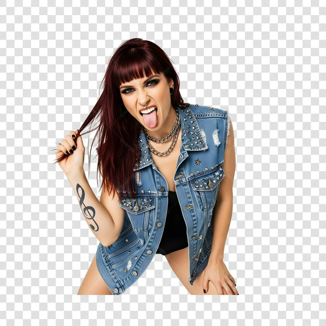 Foto Recortada Mulher Rocker Jaqueta Jeans PNG Fundo Transparente