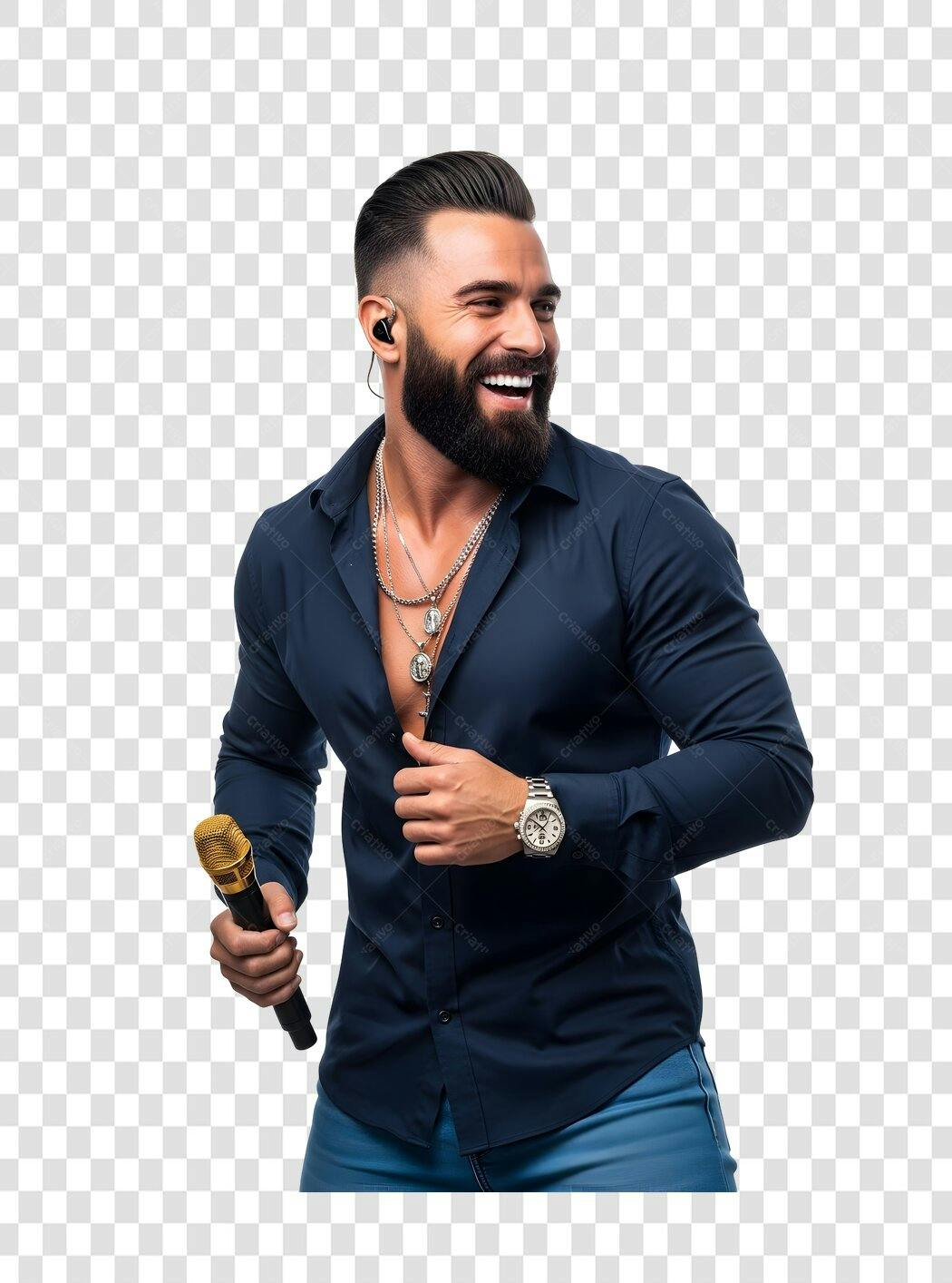 Foto Recortada Cantor Barba Microfone PNG Fundo Transparente