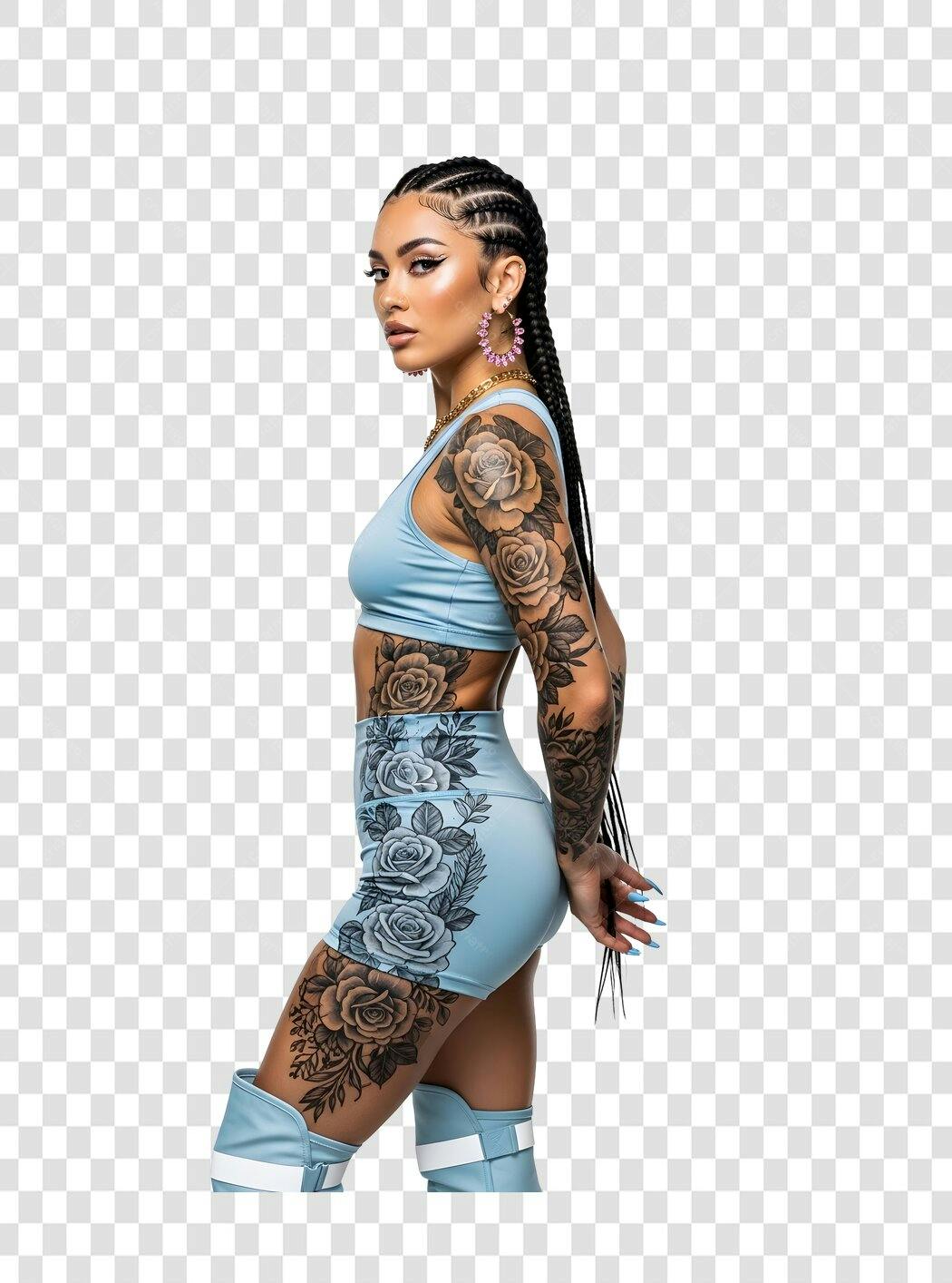 Foto Recortada Mulher Tatuada Tranças Look Azul PNG Fundo Transparente