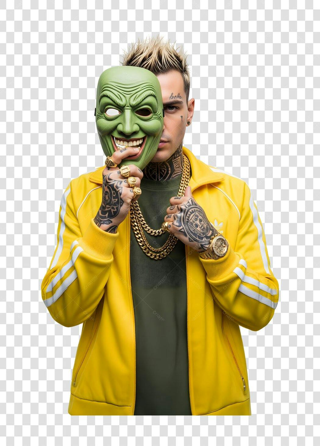 Foto Recortada Homem Máscara Verde Tatuagens PNG Fundo Transparente
