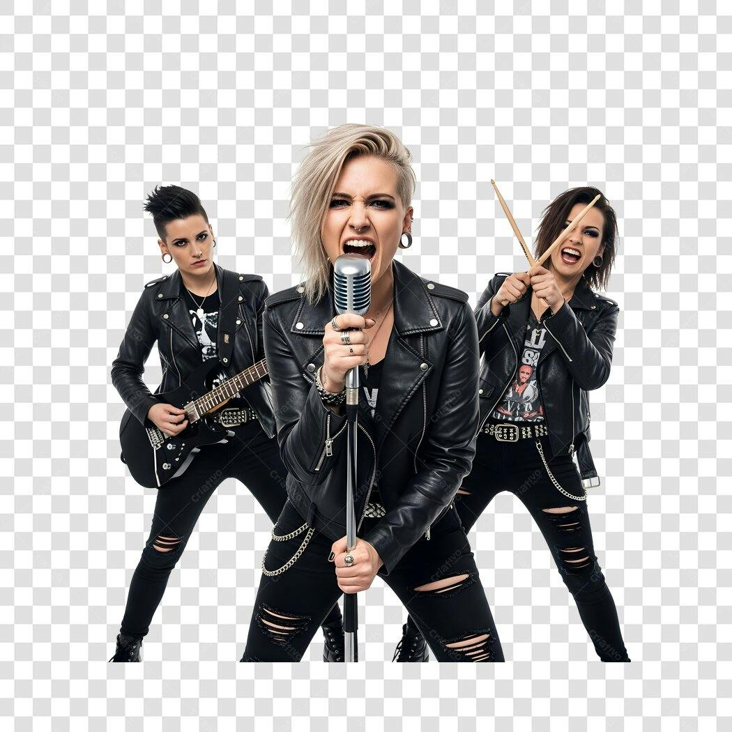 Foto Recortada Banda Rock Feminina Cantora Baterista Guitarrista PNG Fundo Transparente