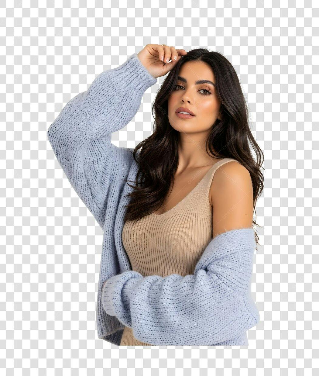 Foto Recortada Mulher Jovem Cardigã Azul PNG Fundo Transparente