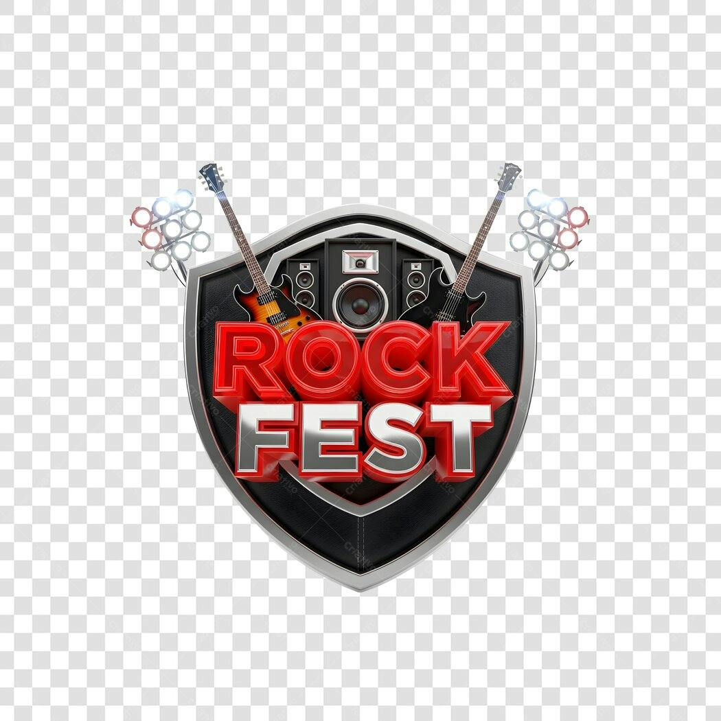Elemento 3D Rock Fest Logo Escudo Guitarras PNG Fundo Transparente