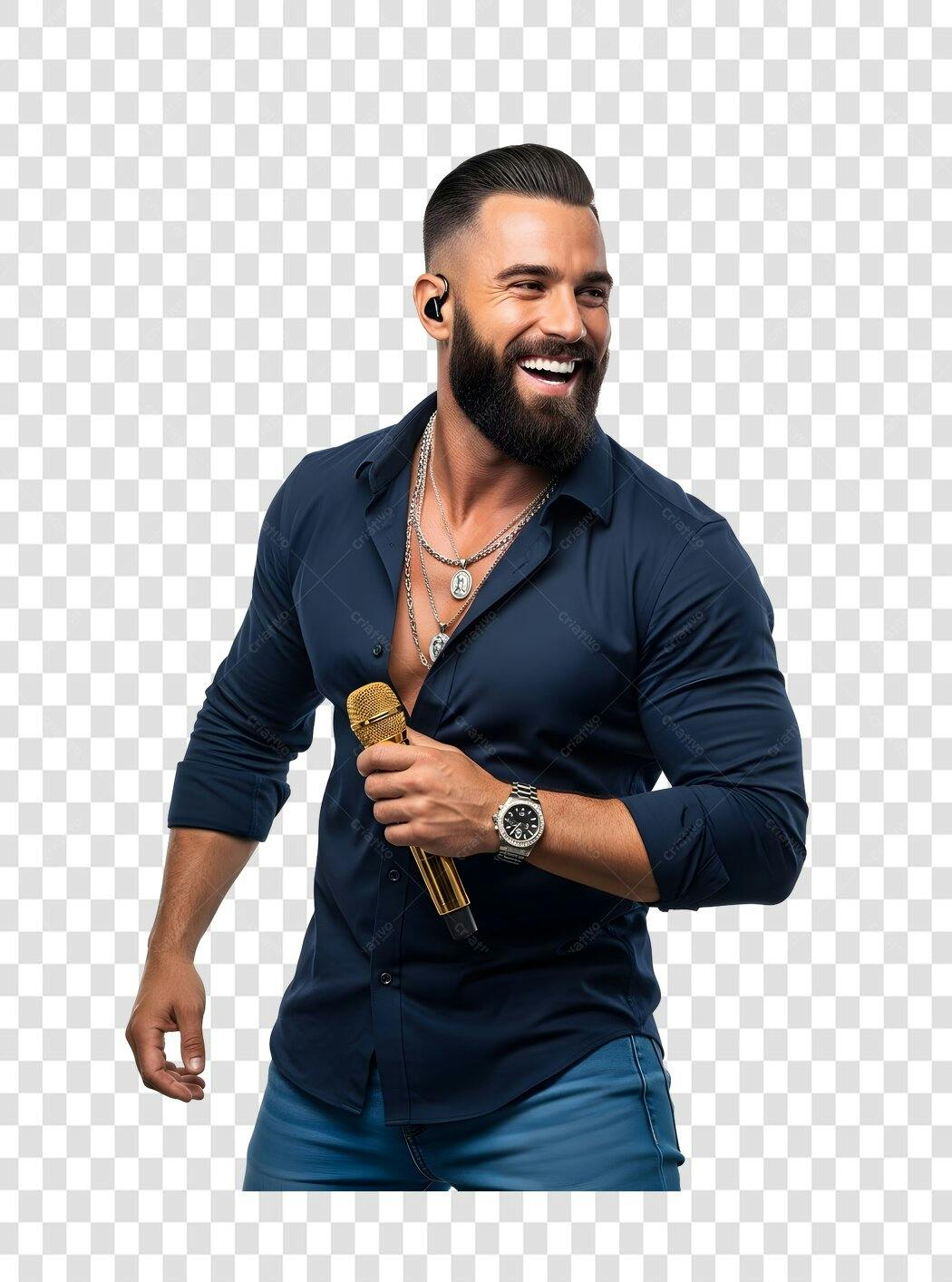 Foto Recortada Homem Barbudo Cantando Microfone PNG Fundo Transparente