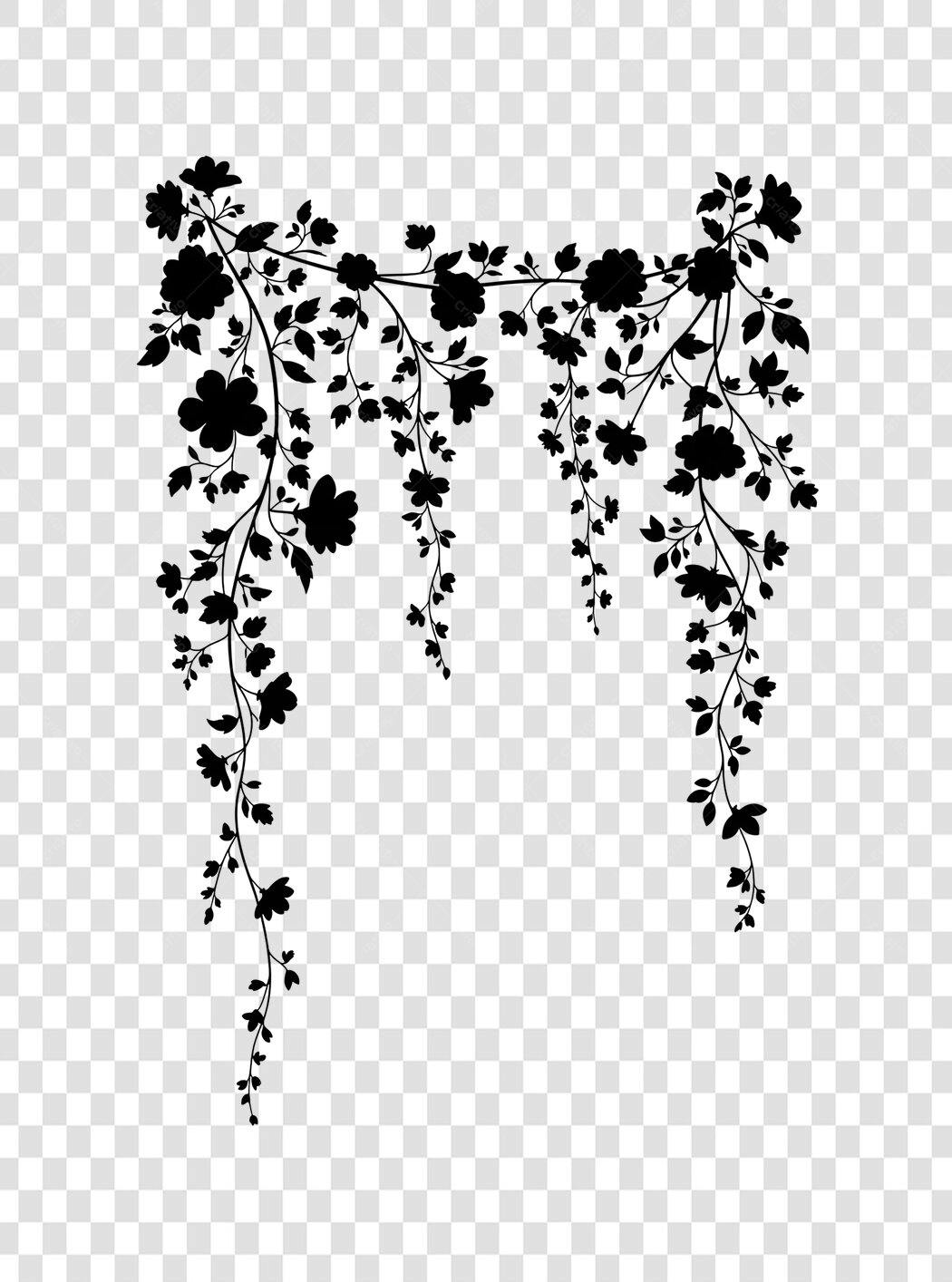 Elemento Decorativo Flores Folhas Silhueta Preta PNG Fundo Transparente