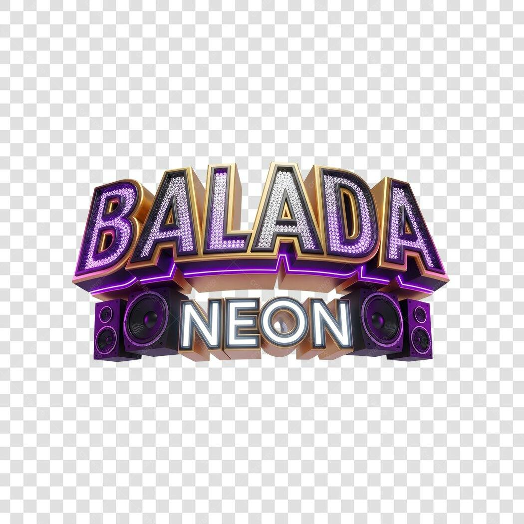 Elemento 3D Balada Neon Letras Douradas Roxas PNG Fundo Transparente