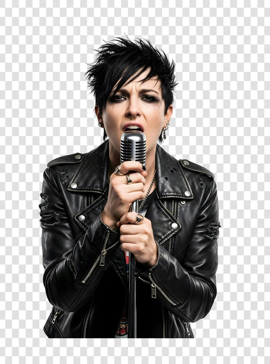 Foto Recortada Cantora Rock Jaqueta Couro Microfone PNG Fundo Transparente