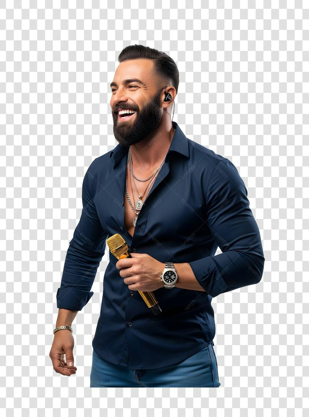 Foto Recortada Cantor Homem Sorrindo Microfone PNG Fundo Transparente