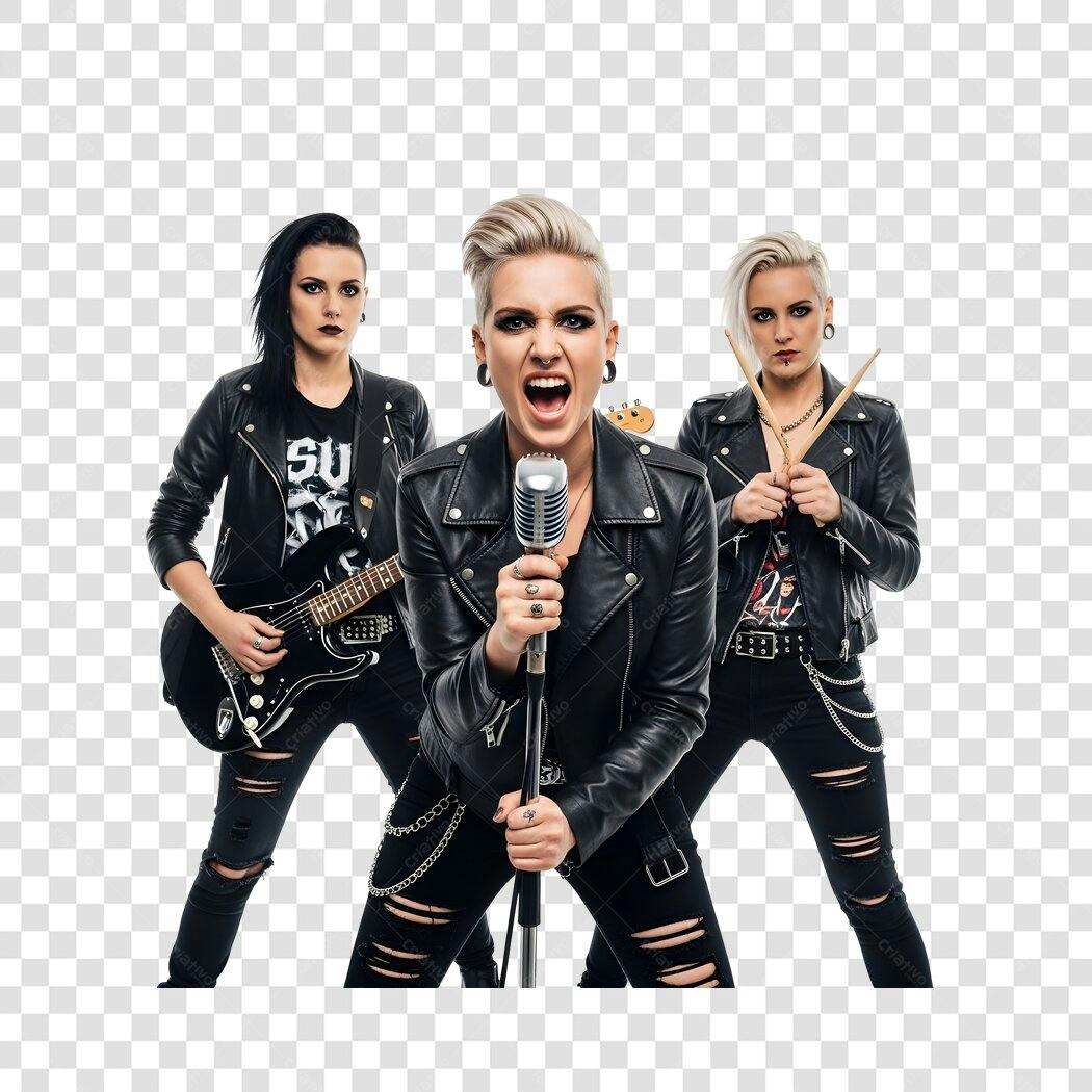 Foto Recortada Banda Rock Feminina Cantora Guitarrista PNG Fundo Transparente