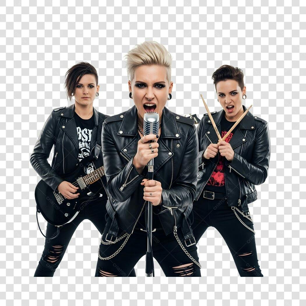 Foto Recortada Banda Rock Feminina Cantora Guitarrista Baterista PNG Fundo Transparente