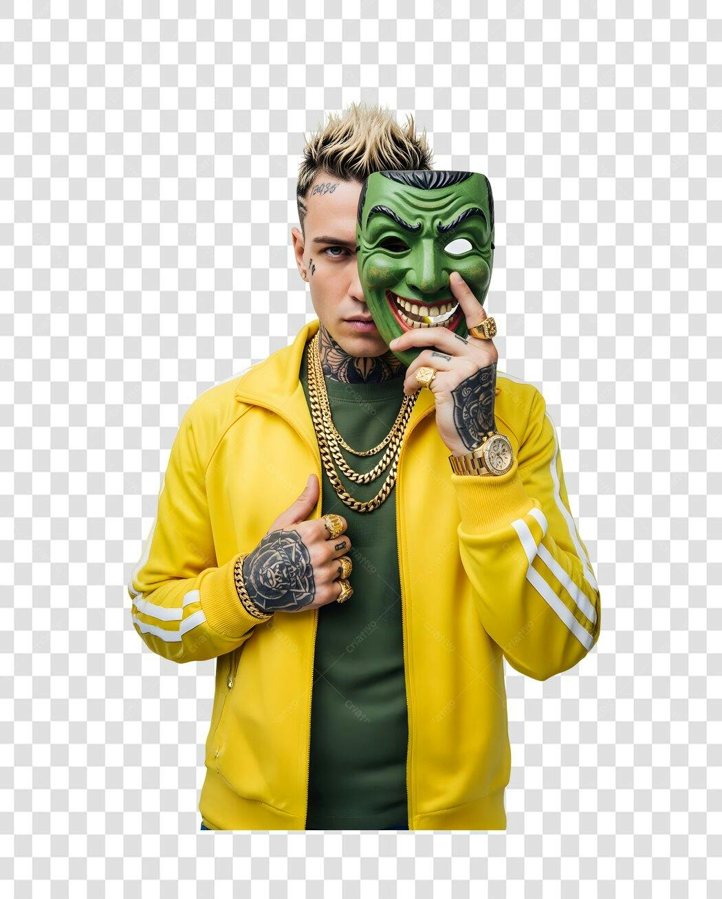 Foto Recortada Homem Máscara Verde Amarelo PNG Fundo Transparente