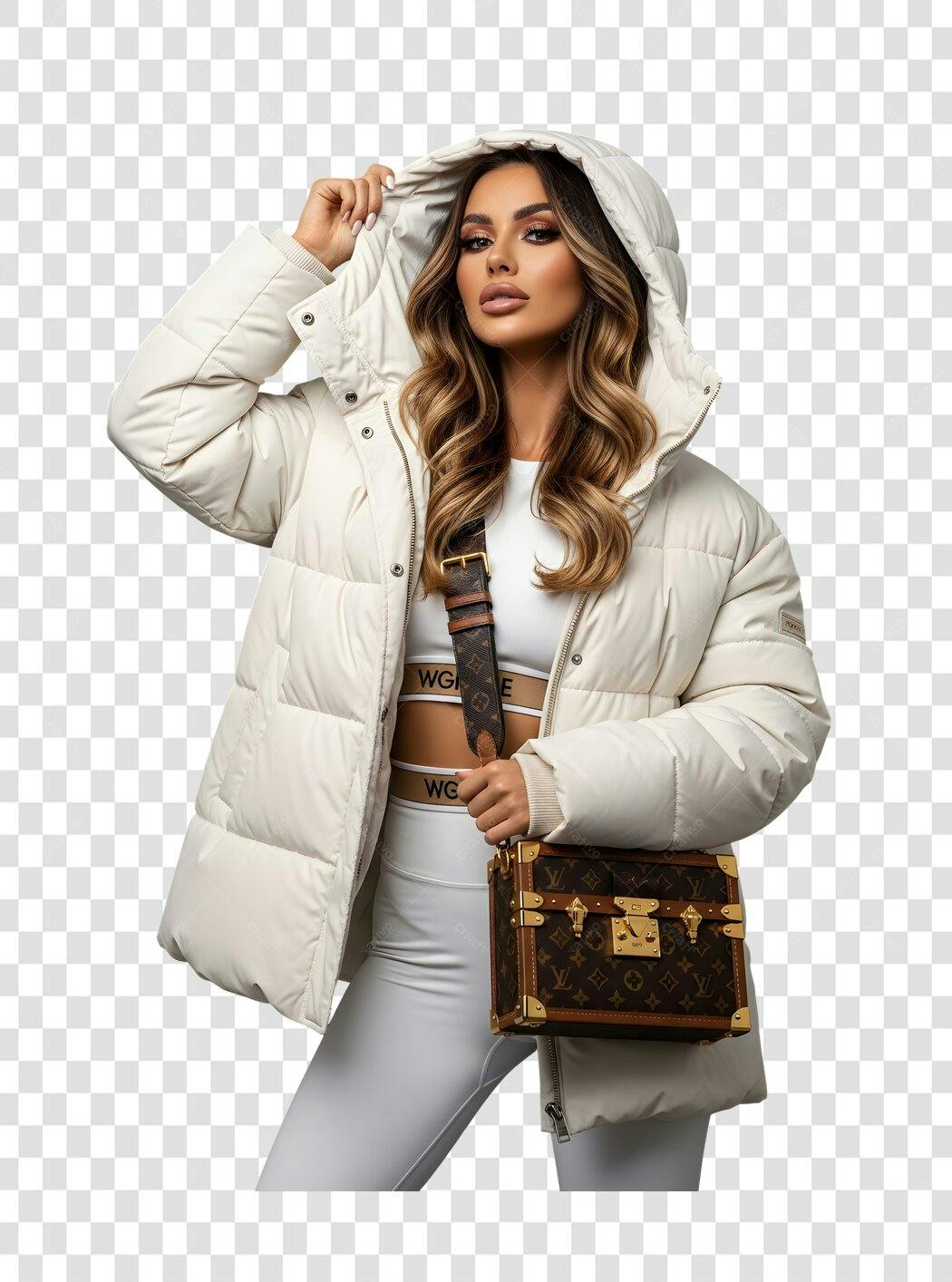 Foto Recortada Mulher Casaco Branco Bolsa PNG Fundo Transparente