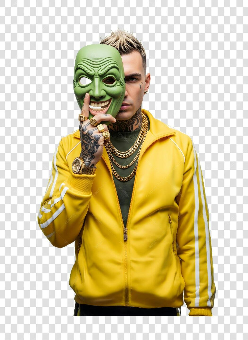 Foto Recortada Homem Máscara Verde Jaqueta Amarela PNG Fundo Transparente