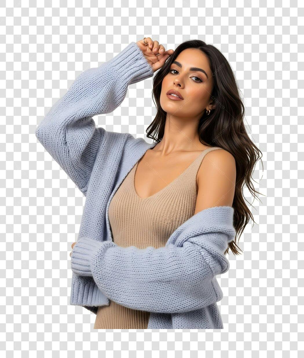 Foto Recortada Mulher Jovem Cardigã Azul PNG Fundo Transparente