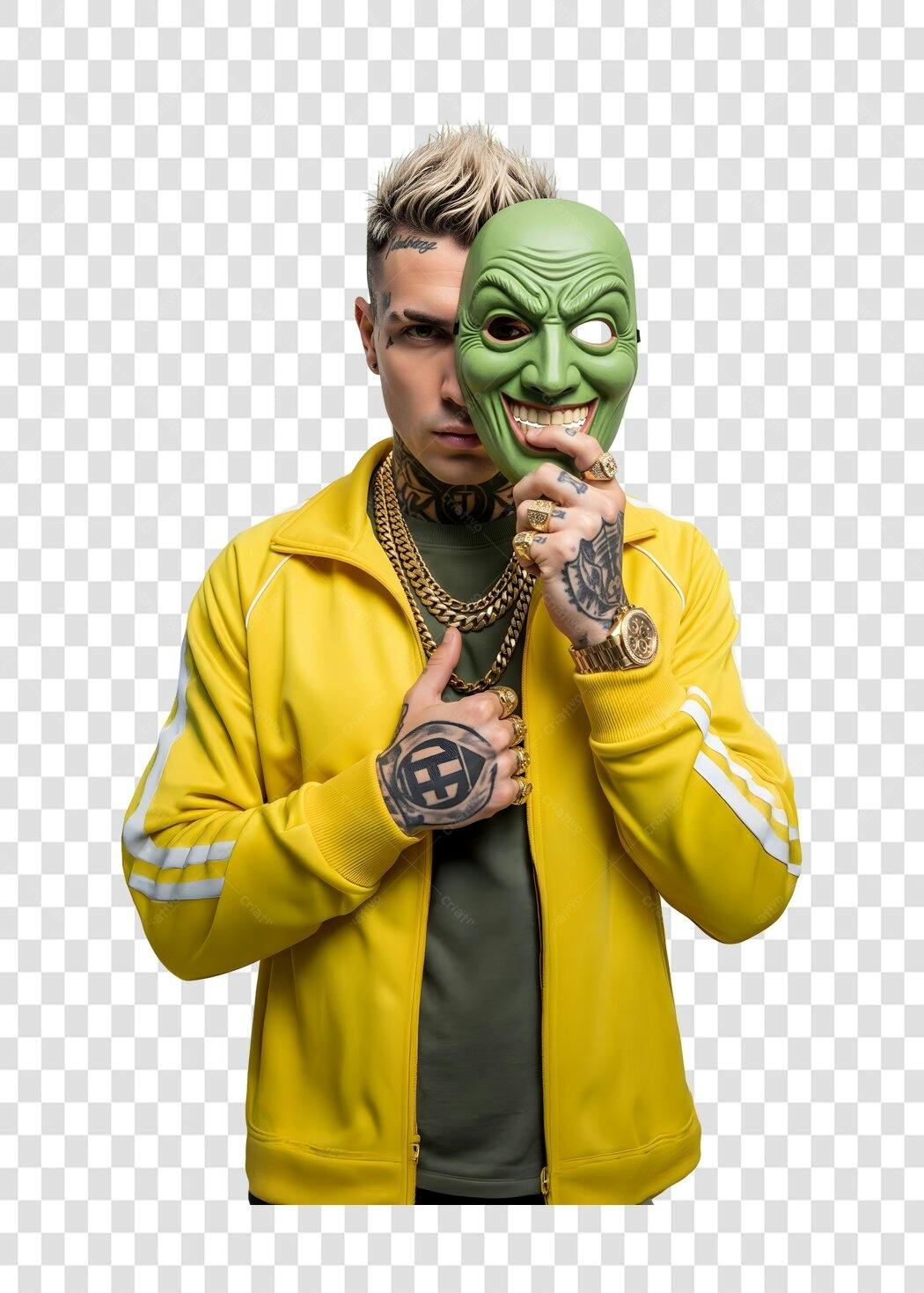 Foto Recortada Homem Máscara Verde Amarela PNG Fundo Transparente