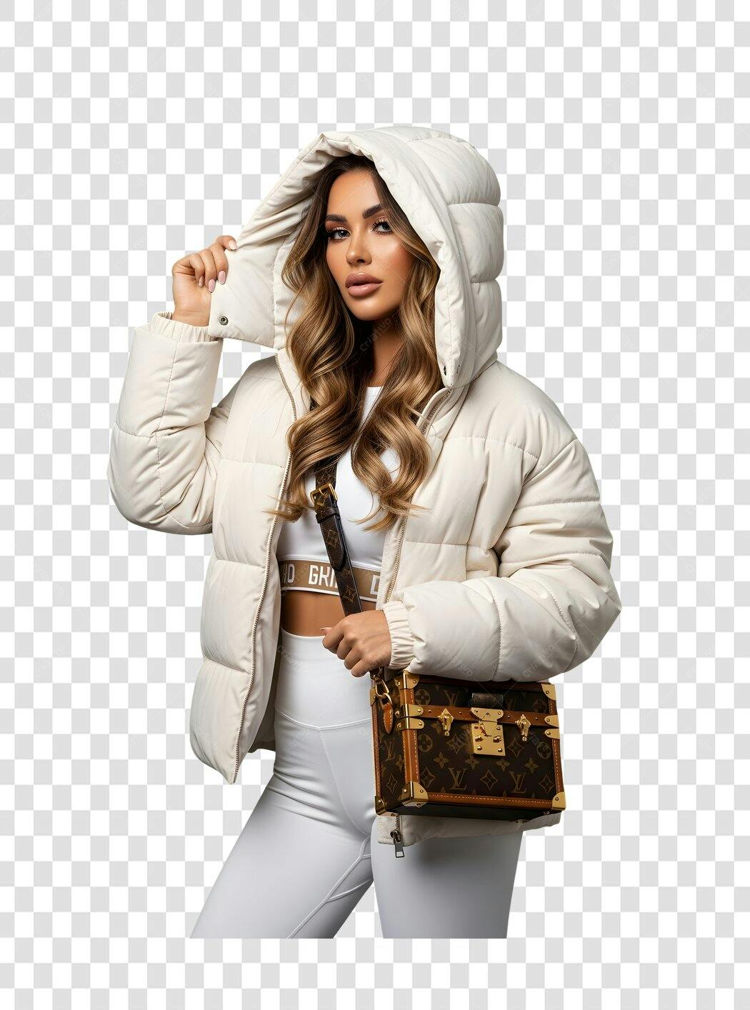 Foto Recortada Mulher Jaqueta Branca Bolsa Luxo PNG Fundo Transparente