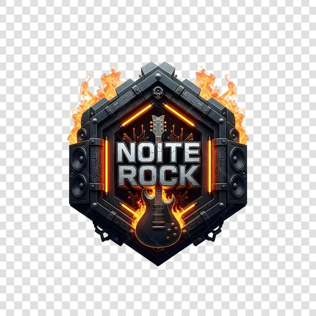 Logo Noite Rock Hexagonal Chamas Laranja PNG Fundo Transparente