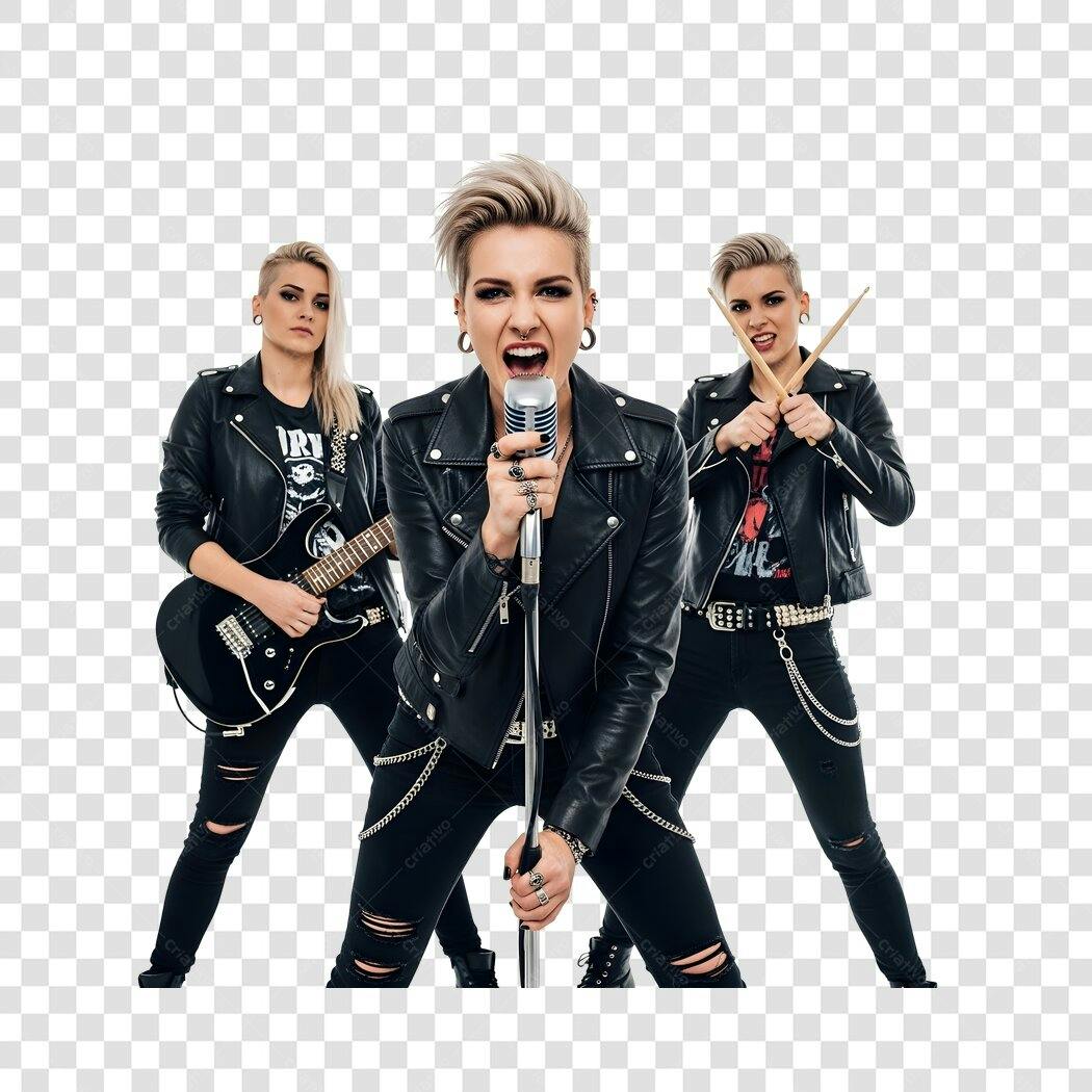 Foto Recortada Banda Rock Feminina Cantora Guitarrista Baterista PNG Fundo Transparente