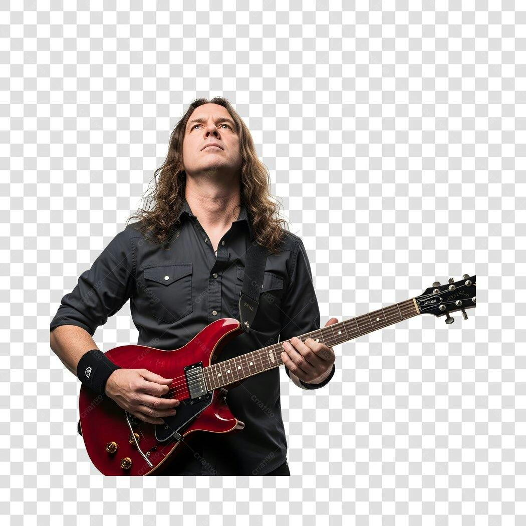Foto Recortada Homem Cabelo Longo Guitarra Vermelha PNG Fundo Transparente
