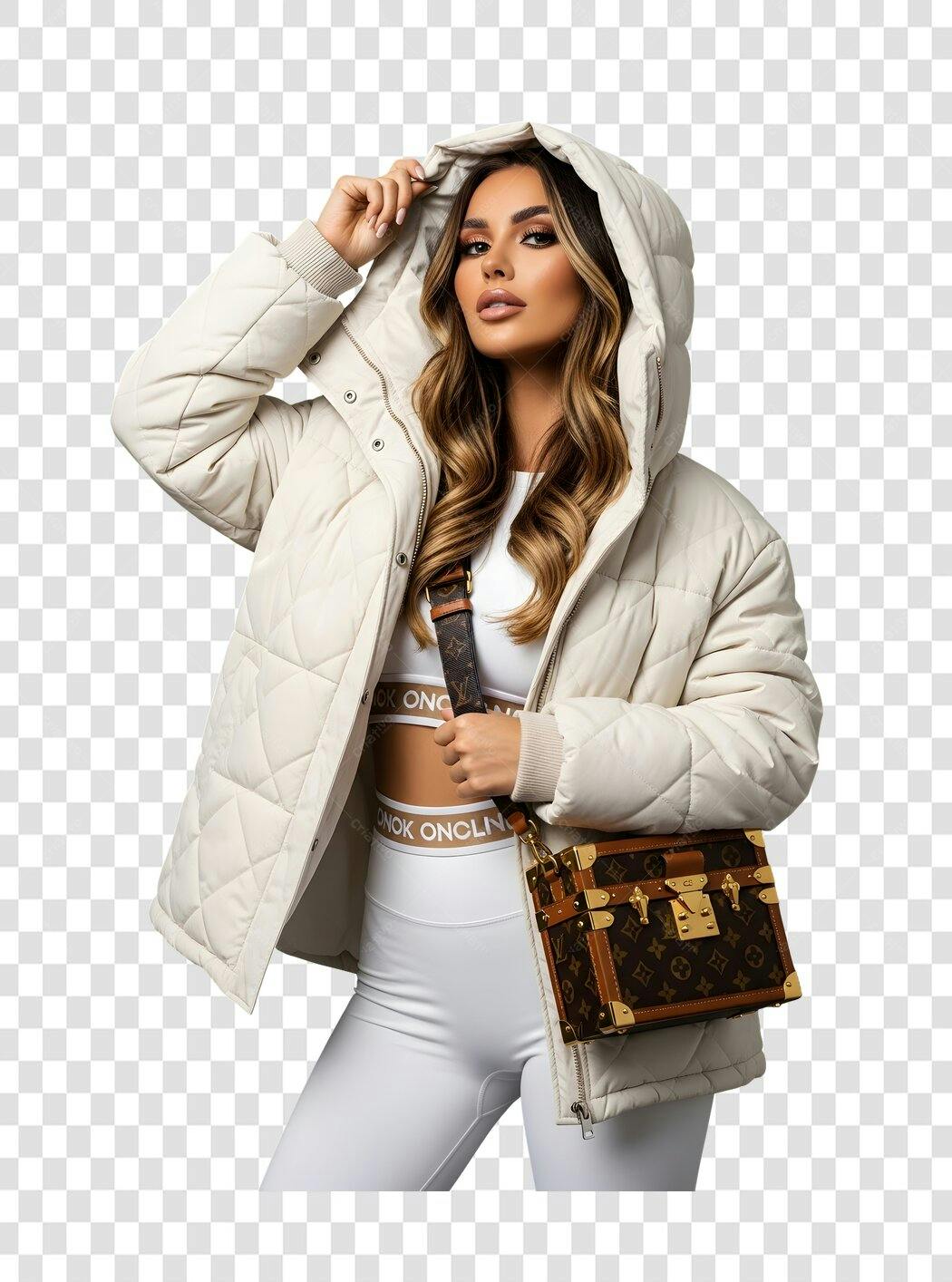 Foto Recortada Mulher Jaqueta Branca Bolsa PNG Fundo Transparente