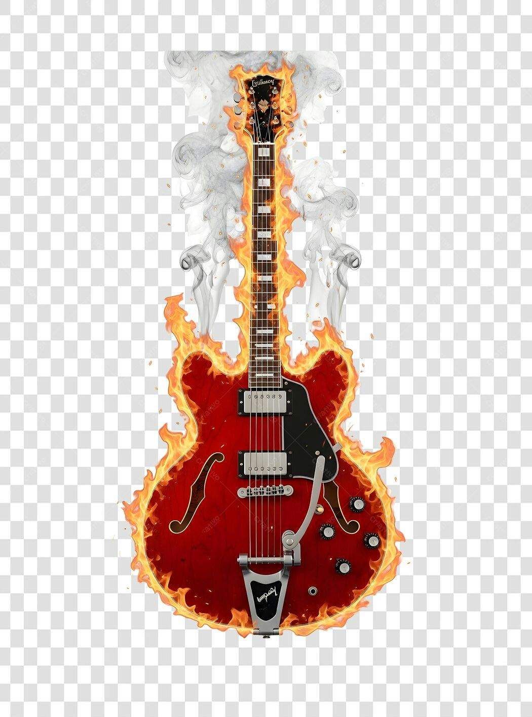 Foto Recortada Guitarra Vermelha em Chamas PNG Fundo Transparente